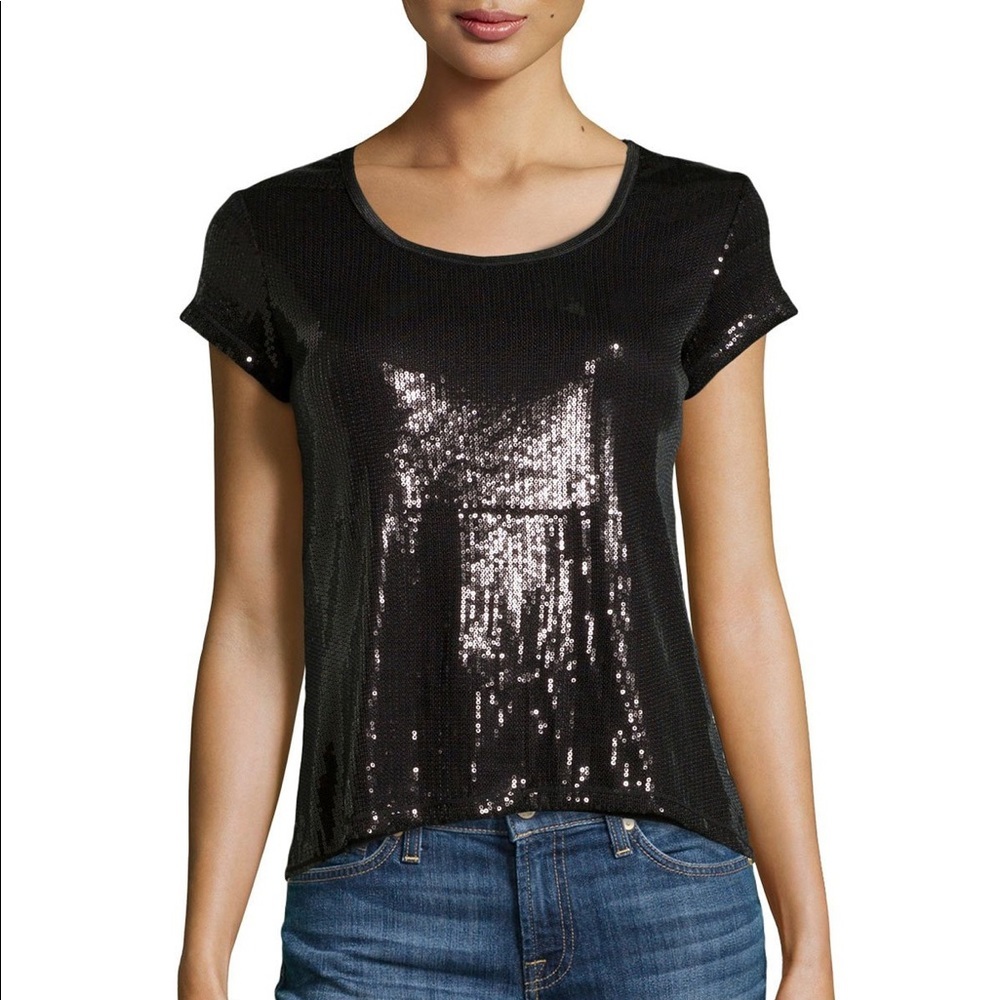 Max studio Sequin Short-Sleeve Top in Black,‎ Sz S